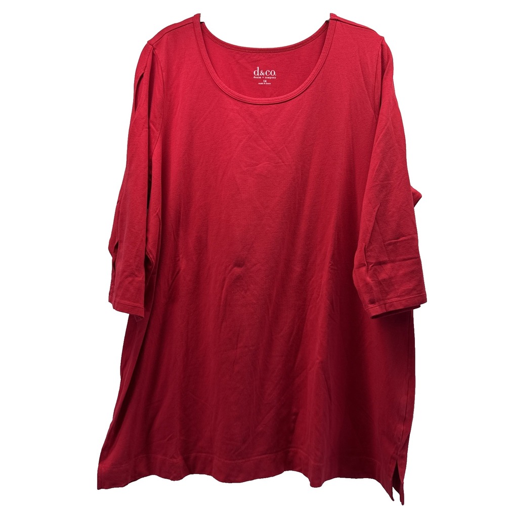 Denim & Co Women's Tunic Top Size 1X Plus Solid Red Split 3/4 Sleeves Side Slits